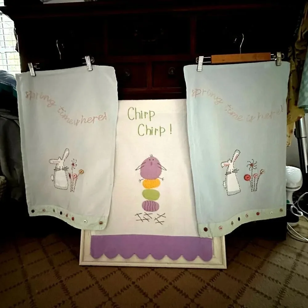 Sur La Table Easter Embroidered Appliqué Cotton Tea Towels set of 3 NWT